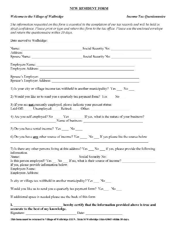 New Resident Tax Questionnaire Village of Walbridge